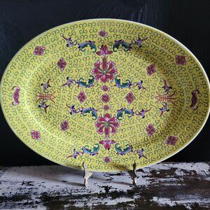 Vtg Chinese Famille Jaune Yellow Floral Chinoiserie Platter, Wall Plate 14.25 in
